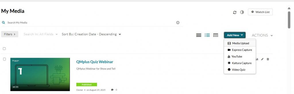 Add new button selected and then Media upload option visible in drop down menu